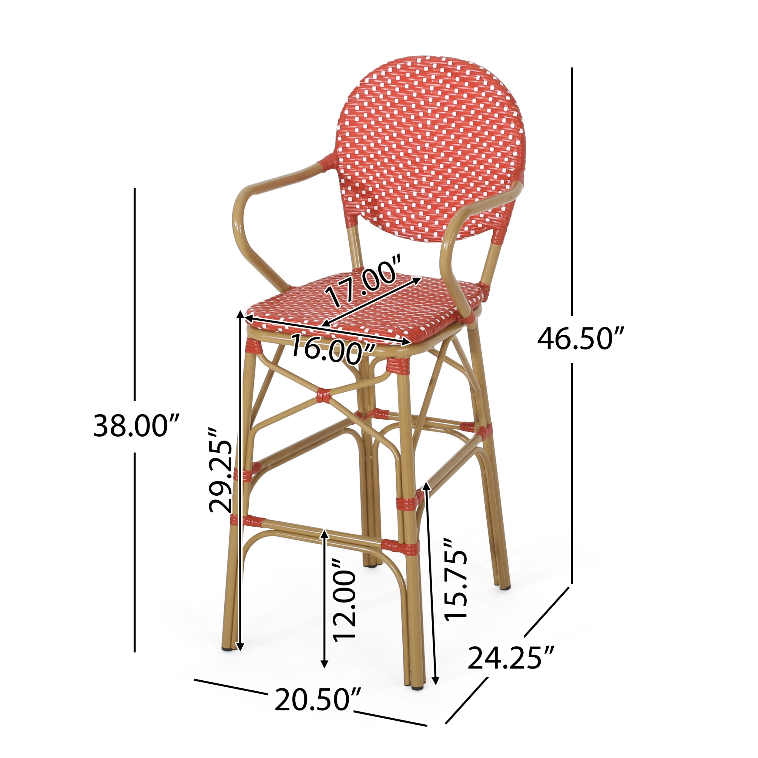 (2 pack) Wicker and Aluminum Outdoor 29.5 Inch French Barstools (Set of 2), Red, White, and Bamboo Print Finish