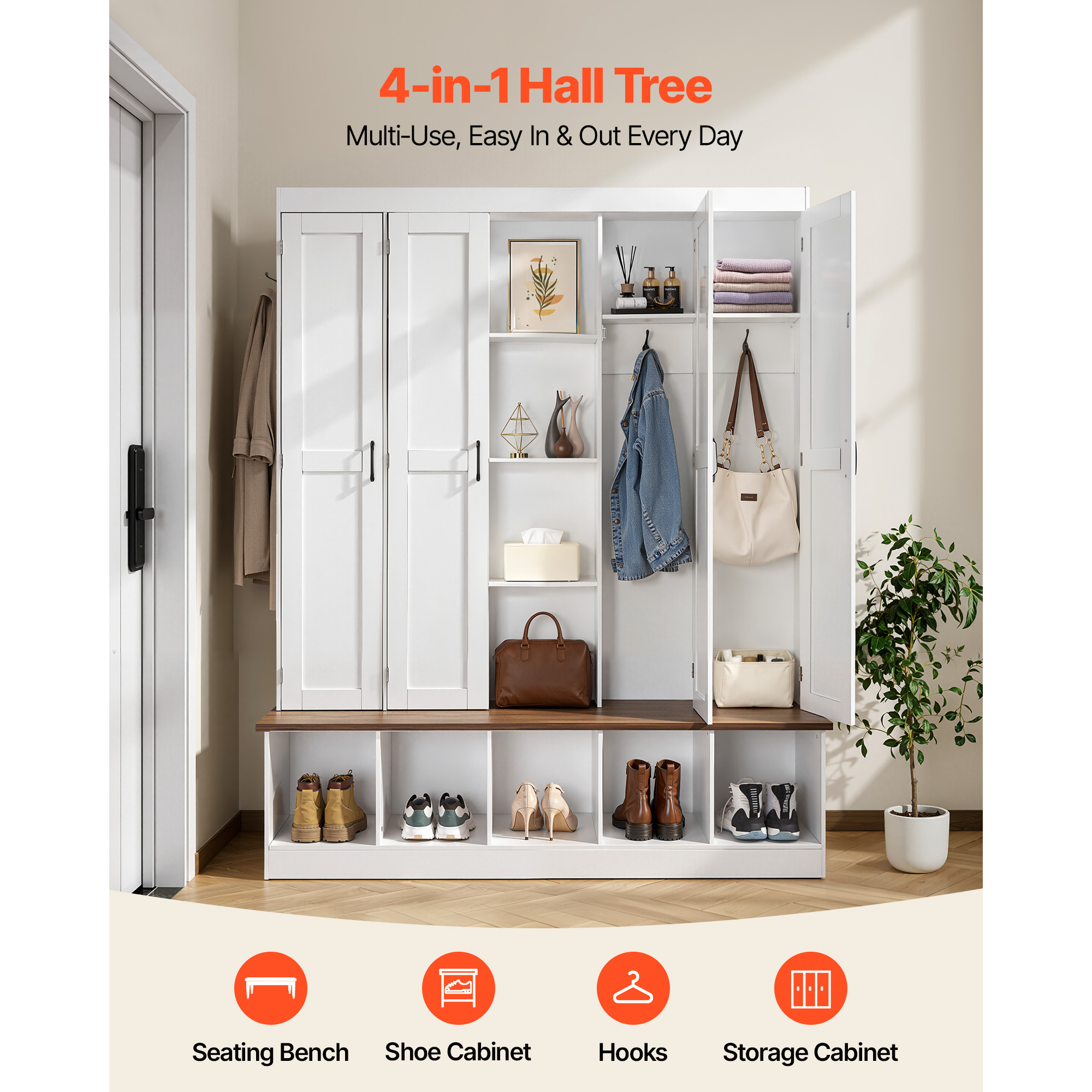 KFFKFF 4-in-1 Entryway Hall Tree with Bench, Hooks, Storage Cabinet, and Shoe Organizer, 63" Wide Wooden Furniture for Mudroom, Hallway, and Entryway, White