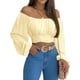 thumbnail image 3 of MIRACMODA Mujer Fuera del Hombro Fruncido Lazo Espalda Crop Top Verano Linterna Manga Boho Camisa Blusa, 3 of 5