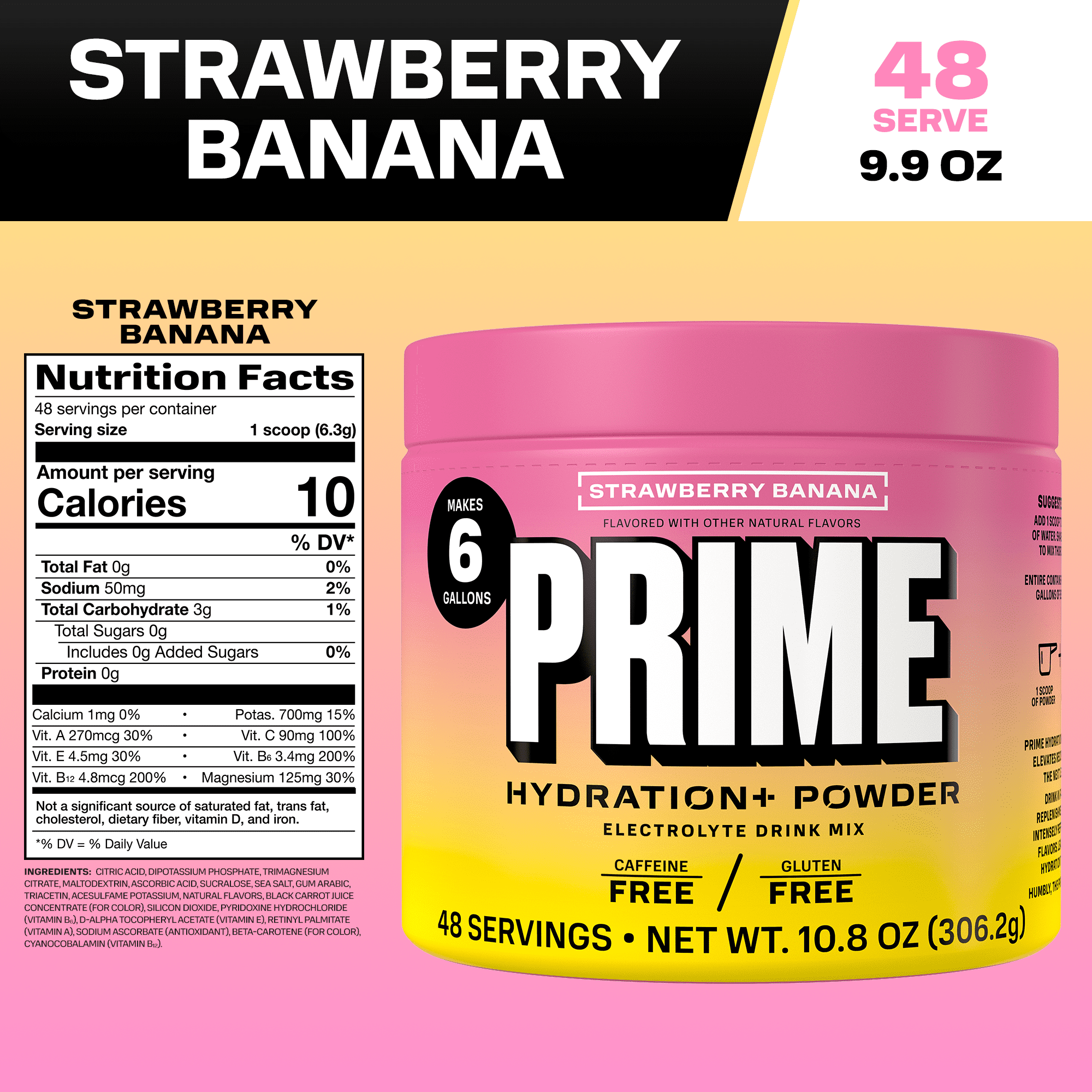 PRIME Hydration+ Strawberry Banana Electrolyte Powder, Sugar Free, 6 Gallon Tub