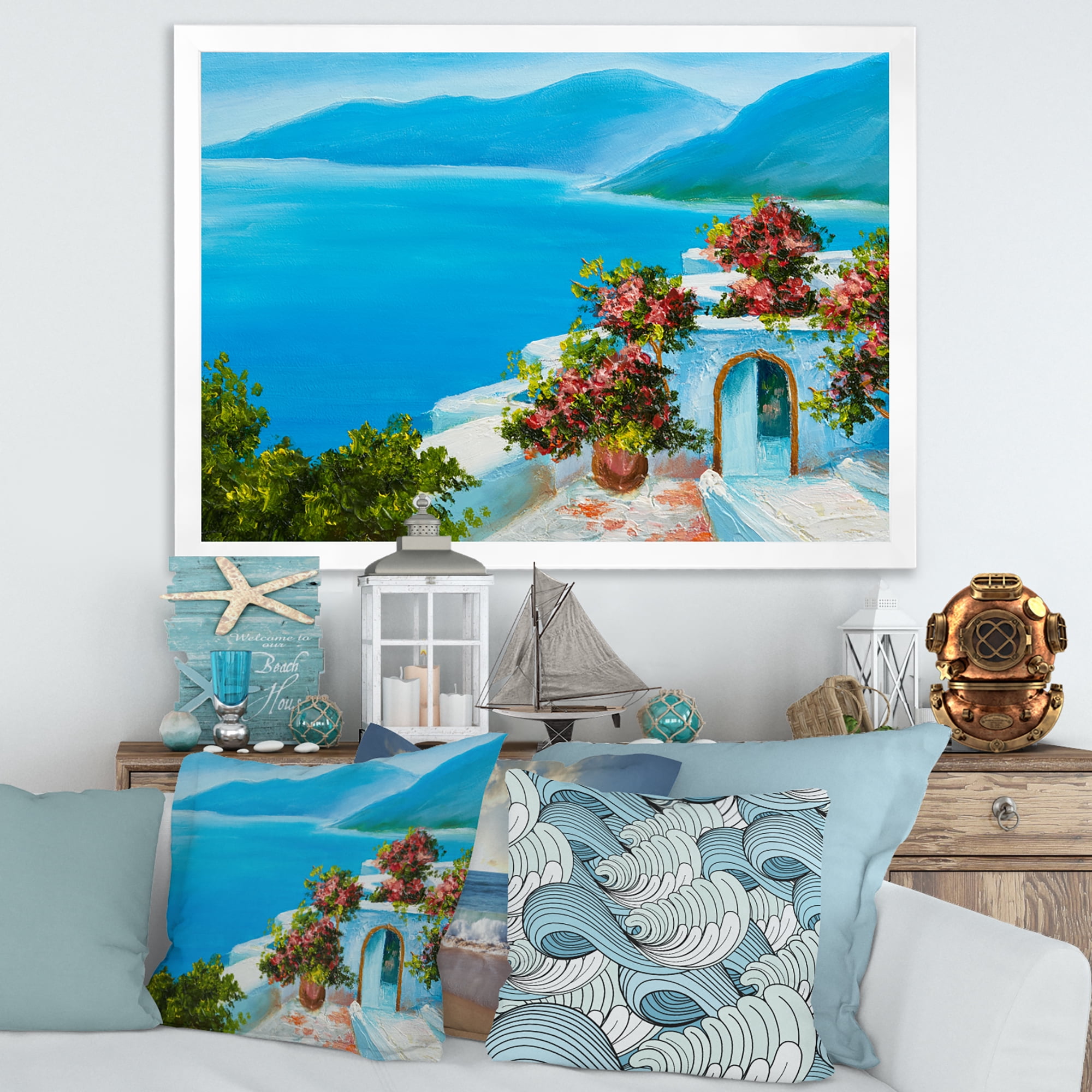 Designart 'House With Colorful Flowers Near The Sea I' Nautical & Coastal Framed Art Print