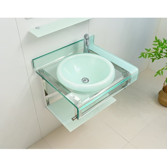 Lorixon Modern Wall-Mount Bathroom Vanity Set, 24 Inch Light Blue Glass Top, Single Sink with Mirror and Shelves, Stainless Steel Frame