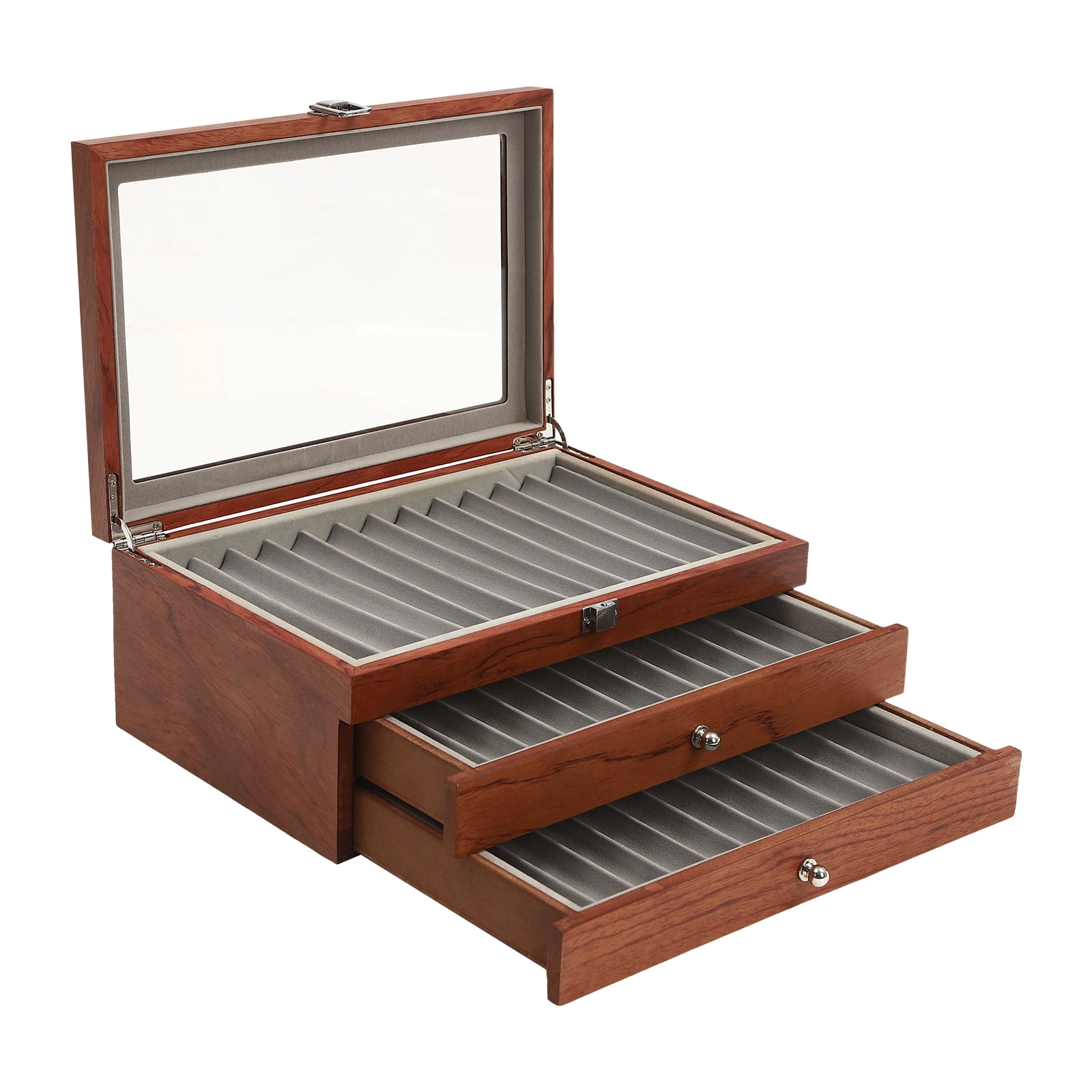 Pen Box with 3-Tier Design, 34 Separate Compartments,&nbsp; Rosewood and MDF Construction, Velvet-Lined for Protection, Vintage Style with Smooth Finish, Ideal Gift for Pen Collectors