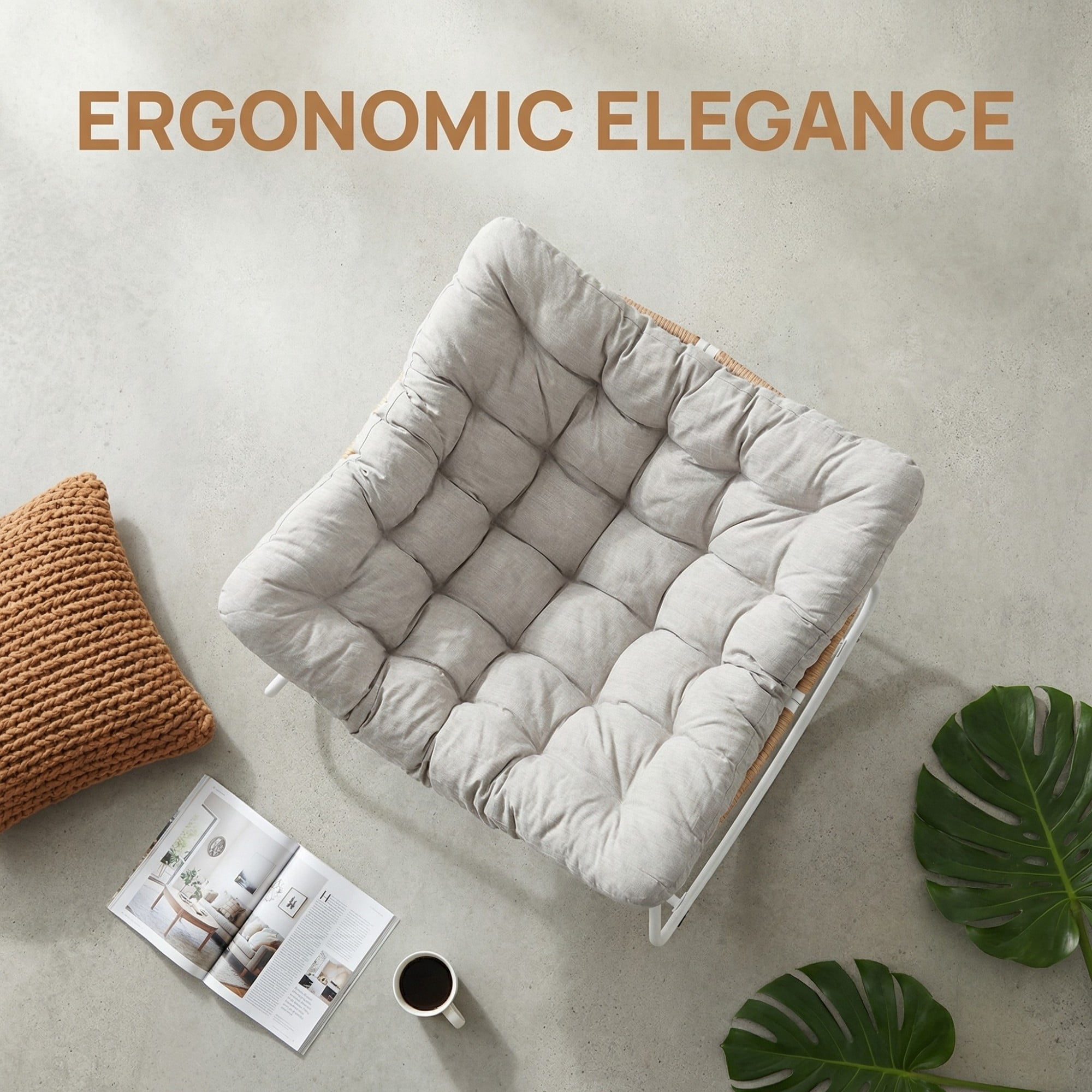 Outdoor Papasan Rocking Chair Oversized, Rattan Egg Rocker Chair with Padded Cushion, 400lbs Patio Wicker Rocking Chair for Living Room Porch Backyard, Light Gray
