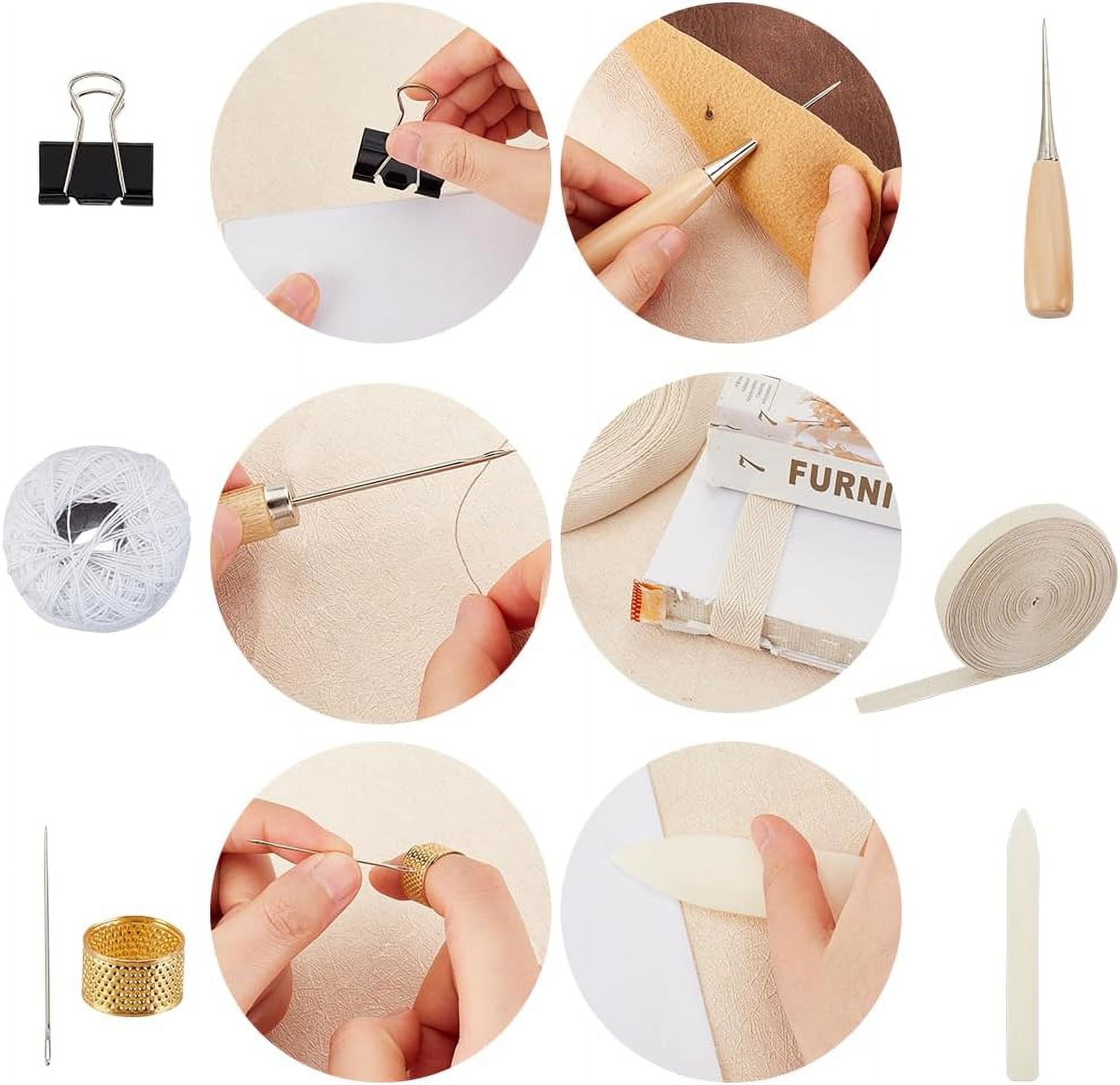 Book Binding Tool Kits Bookbinding Starter Tools Set with Needles Scissor Awl Tracing Wheel Tape Measure Thimble Cotton Threads Ribbon Natural Bee Wax Binder Clips for Bookbinding Supplies DIY