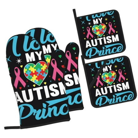 

Daiia I Love My Autism Pattern Oven Mitts and Pot Holders 4 pcs Set High Heat Resistant 500 Degree Extra Thicken Long Kitchen Cotton Oven Glove