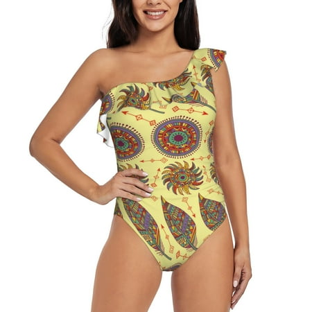 Uemuo Bohemia Print Women s One Piece Swimsuit Asymmetrical Neck Bathing Suit One Shoulder Side Cutout Ruffle Swimwear-Large
