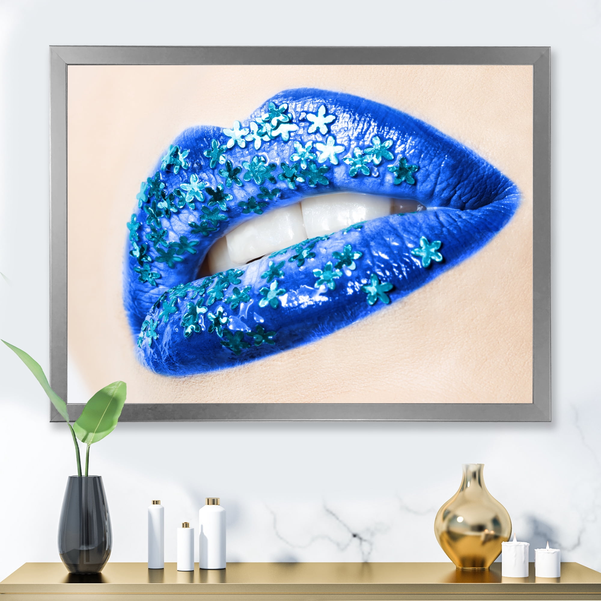 Designart 'Beautiful Woman Lips Blue With Flowers' Modern Framed Art Print