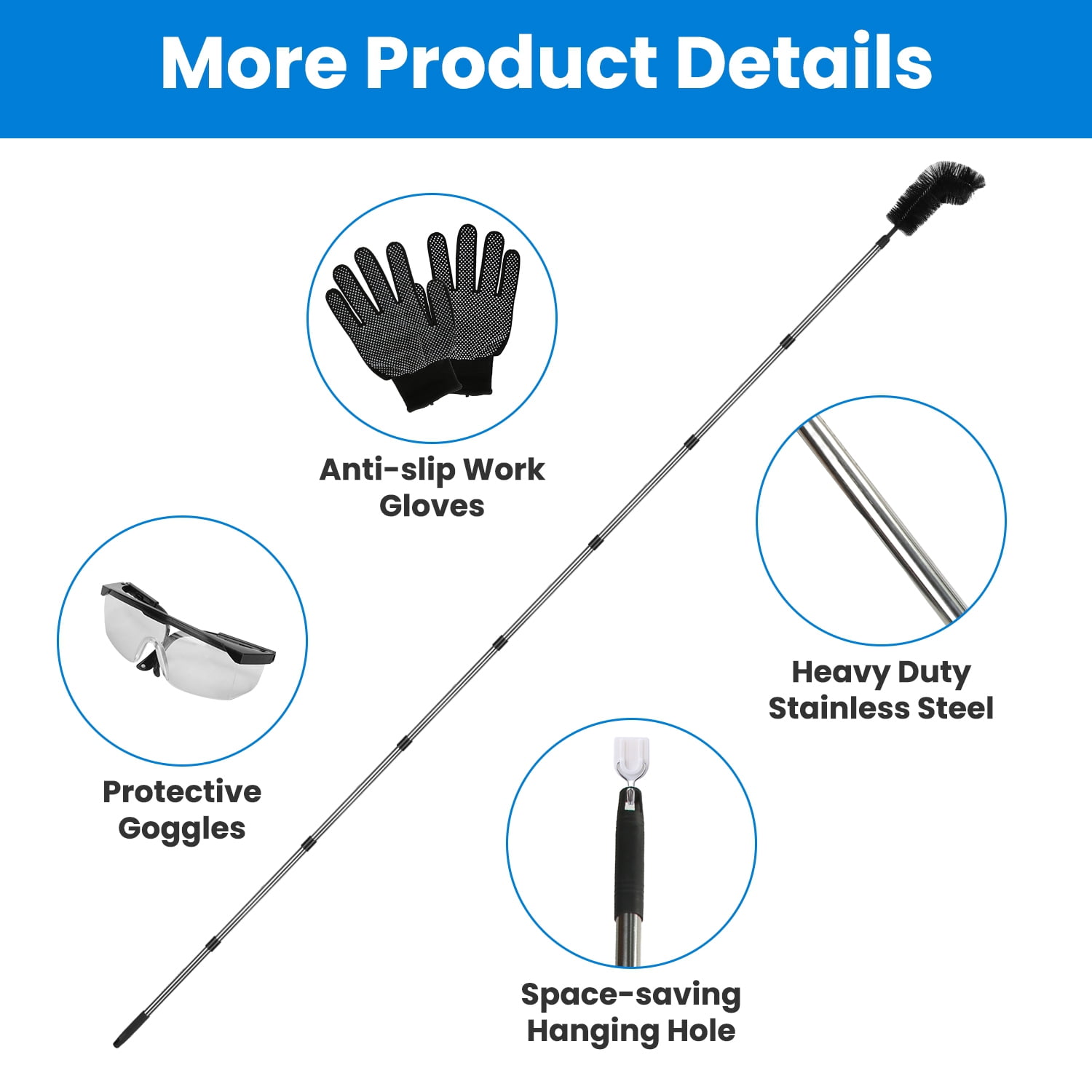 10.5FT Gutter Cleaning Brush With Telescoping Handle Rain Gutter Cleaner Extendable Gutter Cleaning Tool From The Ground with 2 Angled Brushes Anti-slip Gloves Goggles