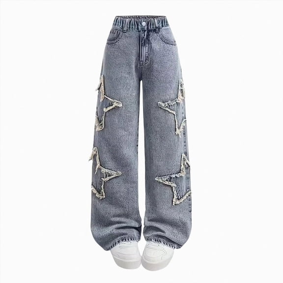 Wonitaaizi Girls Jeans Denim Elastic Wasit Wide Leg Baggy Pants Kids Clothes (14-15 Years,Blue)
