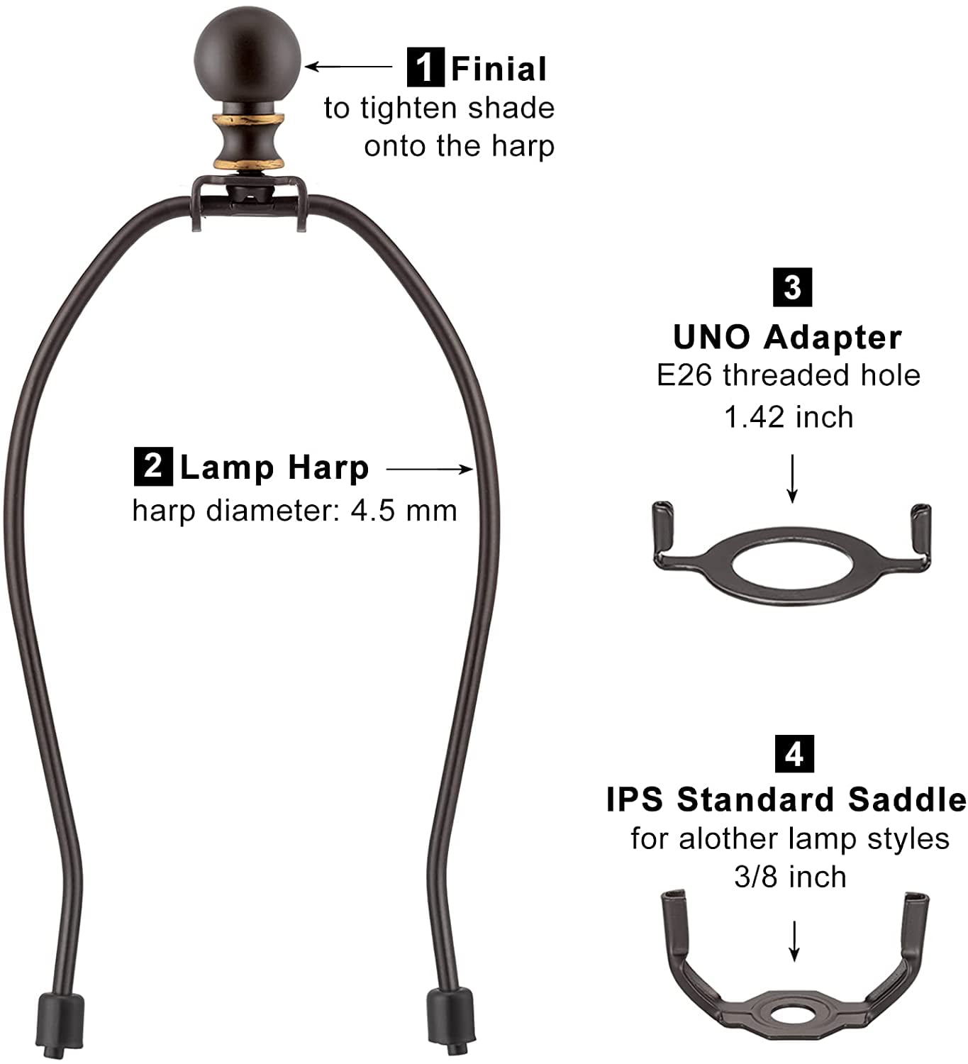 8 Inch Detachable Lamp Shade Harp Holder for Table and Floor Lamps Bronze 2 Set Heavy Duty Lamp Shade Bracket with 3/8 Standard Saddle E26 Light Base UNO Fitter Adapter and Lamp Finial 