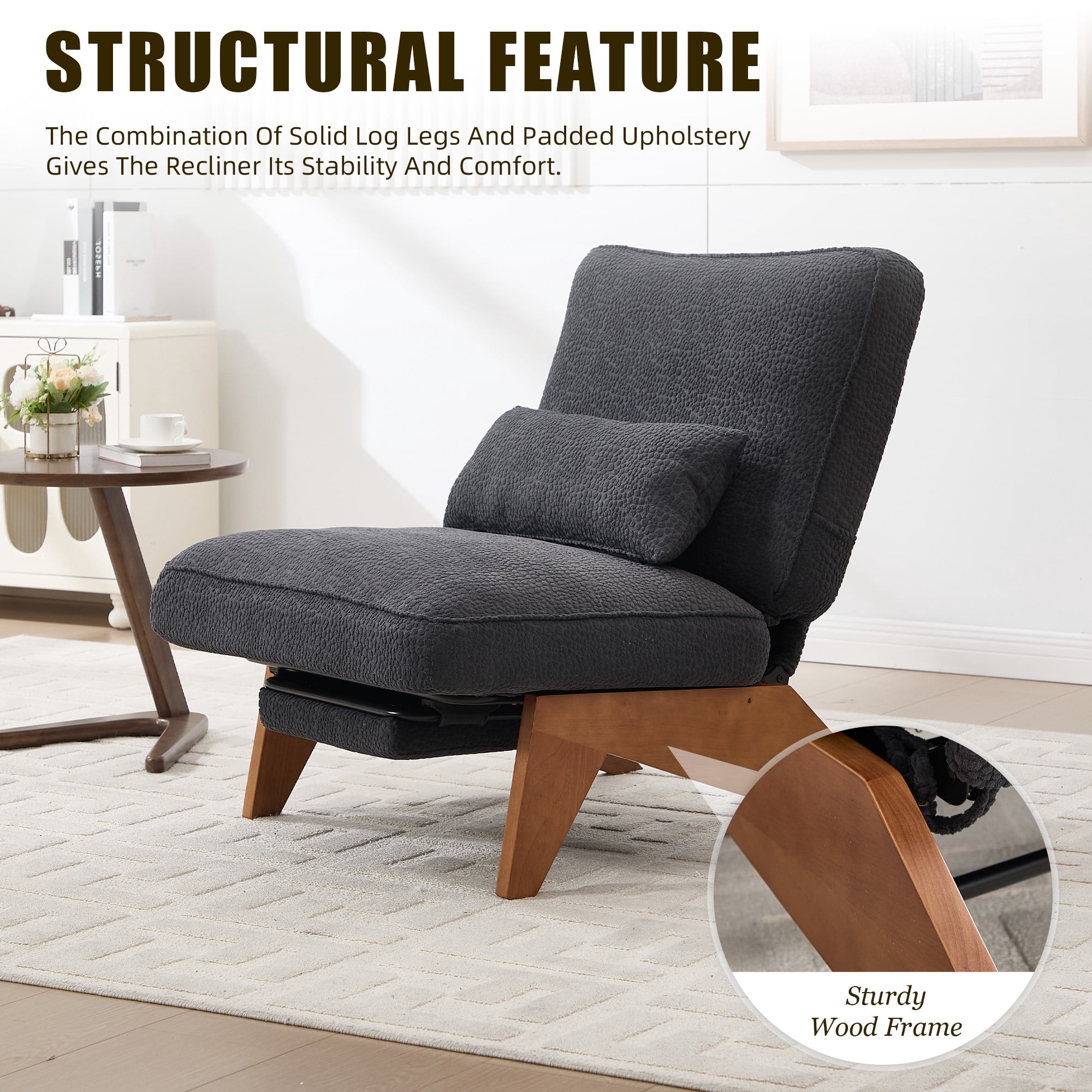 Homefun Modern Adjustable Lounge Chair with Footrest,Wooden Base Upholstered Recliner for Reading Rest Circle Fleece