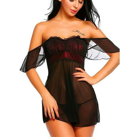 

HQiong Womens Sexy Off Shoulder Babydoll Lingerie and G-String Set
