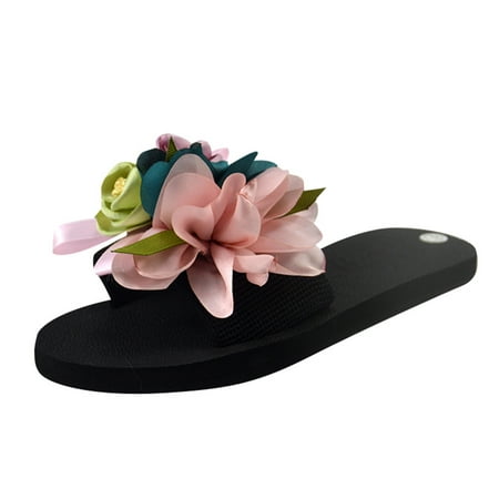 

ZMHEGW Women s Bohemian Flower Flat Slippers Summer Sandals Non-Slip Beach Shoes