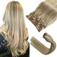 thumbnail image 1 of Extensiones de cabello con clip Rubio ceniza Extensiones de cabello rubio balayage Cabello humano real Clip ins 18 pulgadas 7 piezas 70G Extensiones de cabello de doble trama Extensiones de cabello hu, 1 of 5