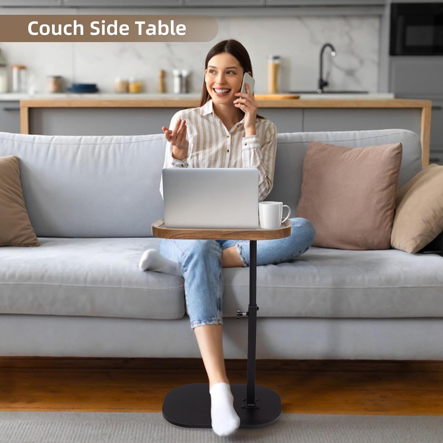 Yabanana C Shaped Side Table End Table, 360° Swivel and Adjustable Height Side Table Sofa Table for Couch (Brown)