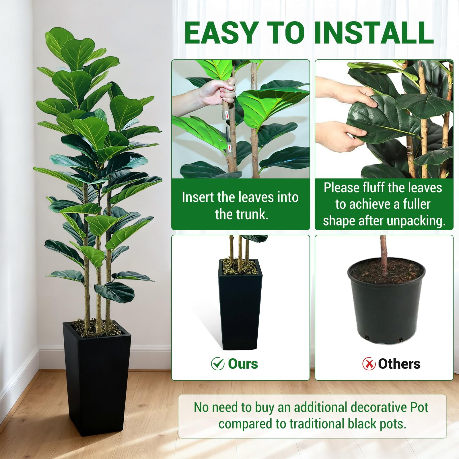 Gaderth Artificial Fiddle Leaf Fig Tree with Planter,  Faux Ficus Tree Fake Moss Tall Fake Tree for Home Decor for Home Office Wedding Party Gifts Indoor Outdoor Decor