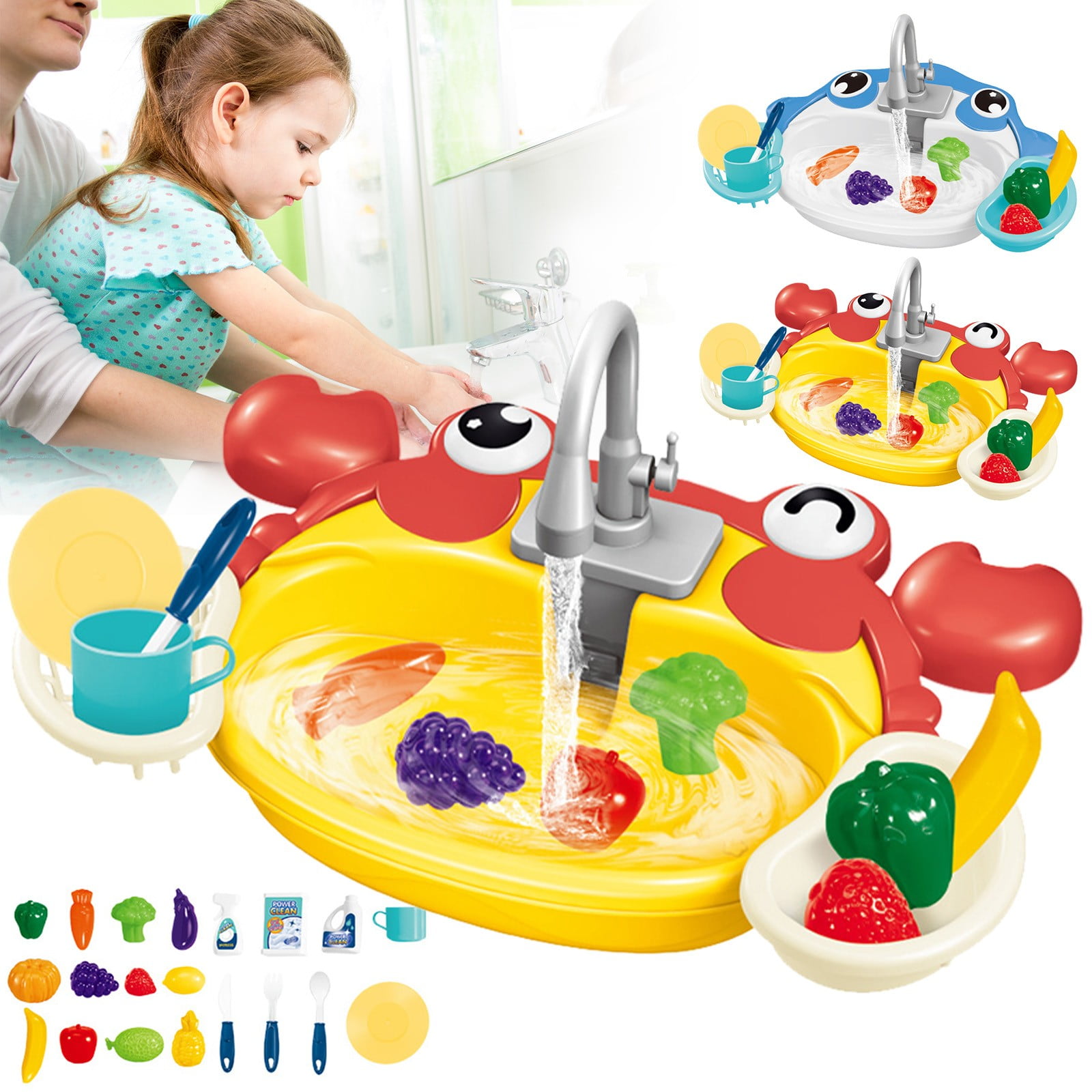 Sentmoon Play Food Set Holiday Party Favors for Kids Kitchen Sink Toys Kid Play Sink with Running Water Pretend Play Kitchen Sink with Cute Pattern Role Sink Play Toys for Kid Gift
