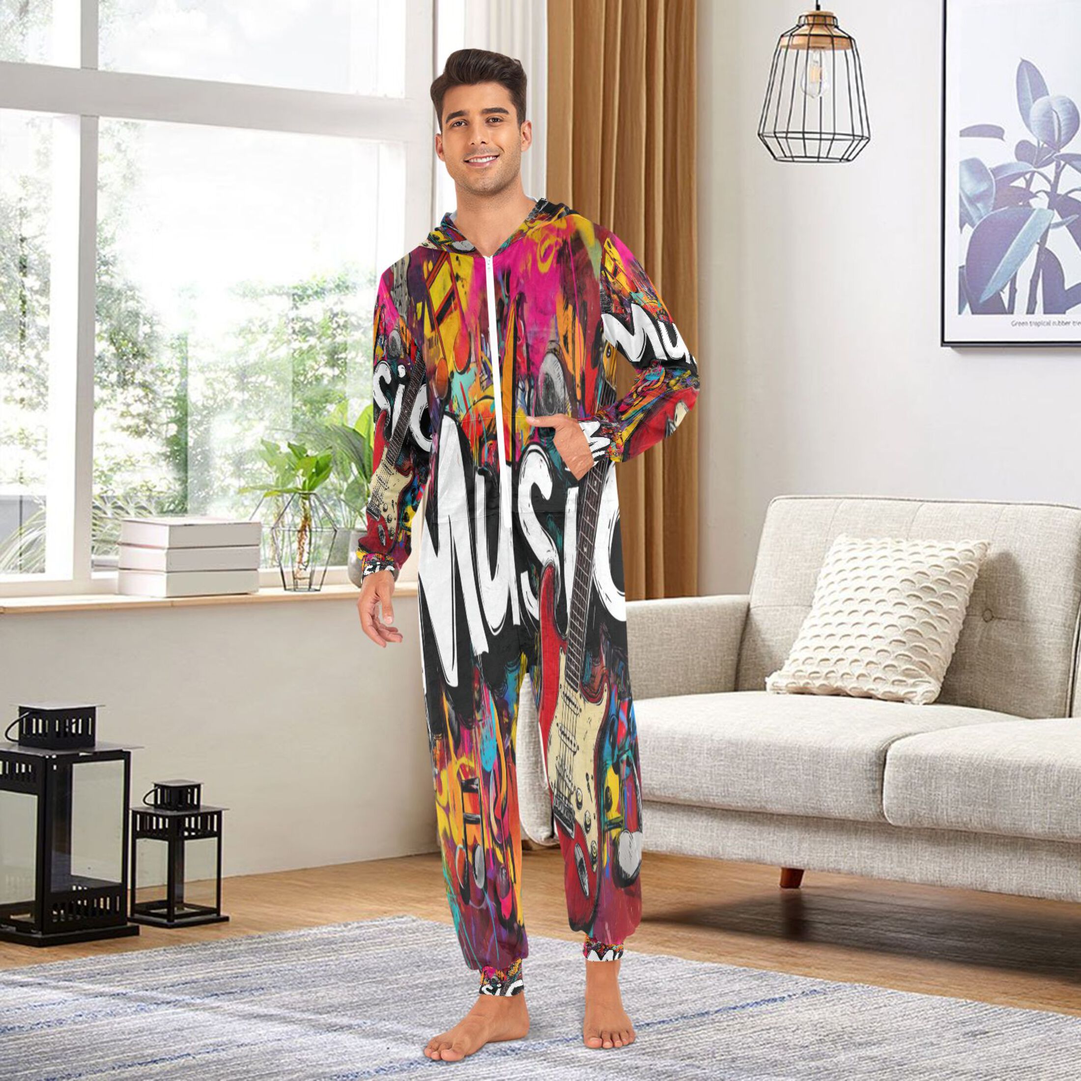 IAUYY Unisex Adult Onesie Pajamas Ultra-Soft Crystal-Soft Fabric, Halloween Adult Onesie Pajamas Adults,With a Zipper Plus Size Onesie Pajamas, Music Poster