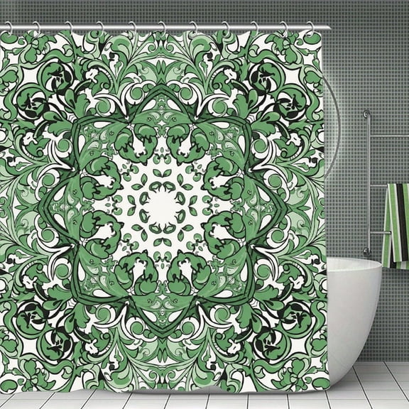 French Green Geometric Print Shower Curtain,Modern Fabric Waterproof Shower Curtain Set with Hooks 70.8×70.8Inch (180×180cm)