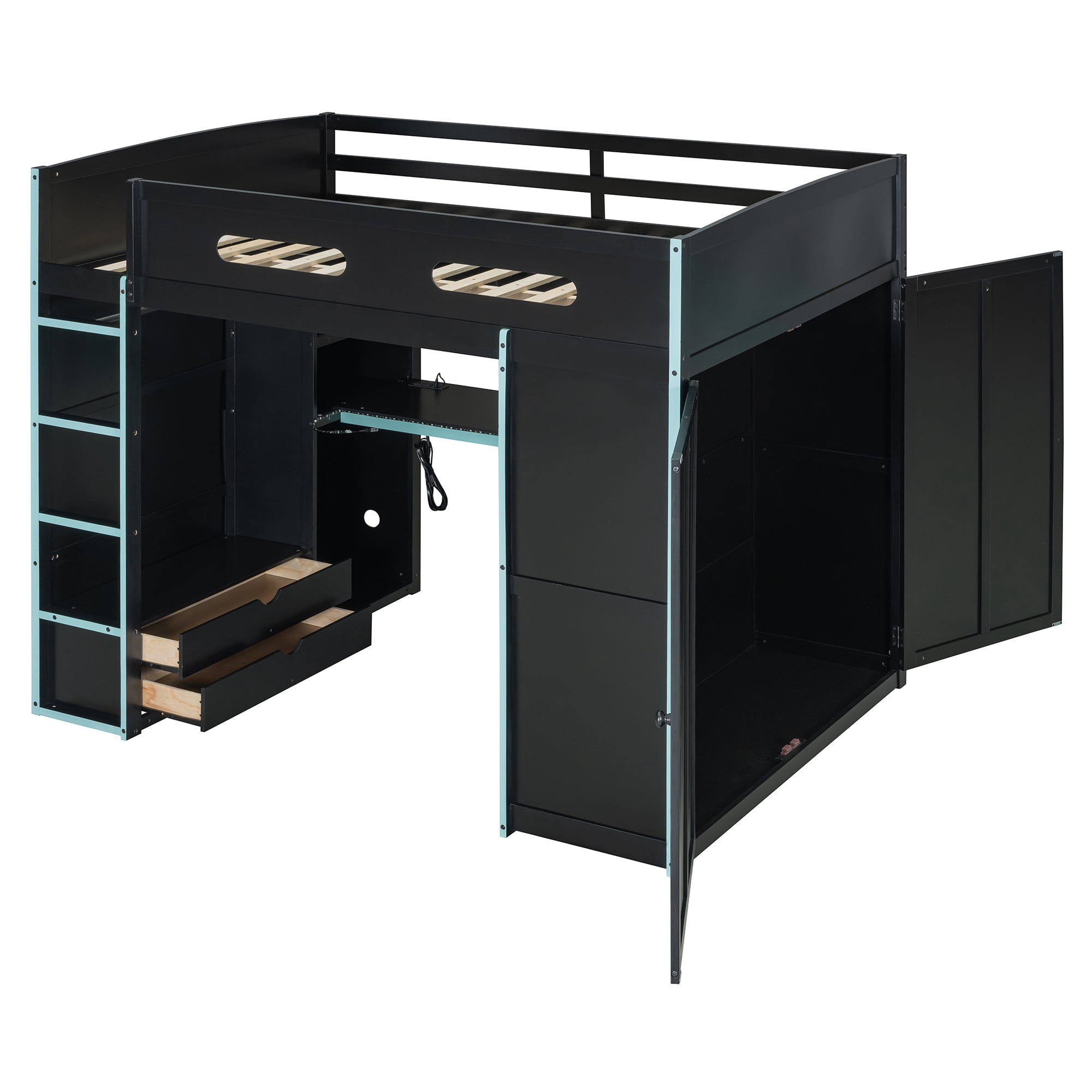 Aukfa Full Size Gaming Loft Bed with Desk, Wardrobe & RGB LED Lights – Esports Loft Bed Frame with Charging Station, Storage Shelves, Space-Saving, Blue