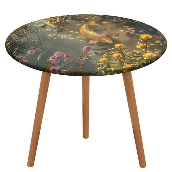 Lucky Koi Fish Lotus Leaf Round Fitted Tablecloth with Backing Elastic Edge Design Table Cover Waterproof Oil-Proof Table Cloth Stain-Resistant Wipeable for Round Table