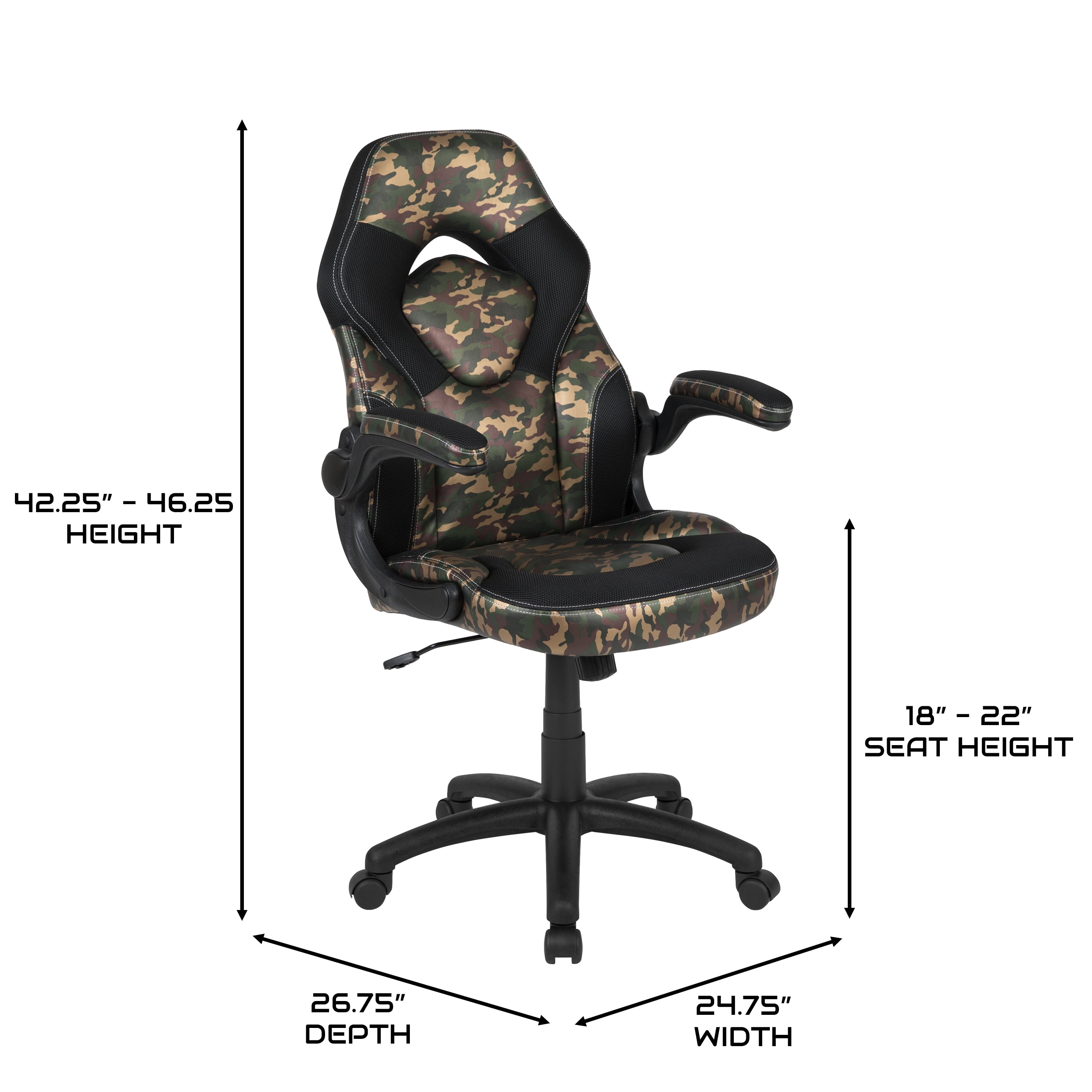 BlackArc High Back Gaming Chair with Camo and Black Faux Leather Upholstery, Height Adjustable Swivel Seat & Padded Flip-Up Arms