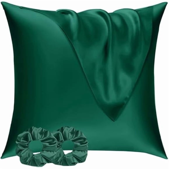 LujingZ Lot de 2 Taies d'Oreiller en Satin pour les Cheveux et la Peau, Douces comme des Taies d'Oreiller en Soie pour les Cheveux et la Peau, Entretien Plus Facile Que la Taie d'Oreiller en Soie Taies d'Oreiller Vertes pour Enveloppe d'Oreiller 65x65 cm et 2 Chouchous