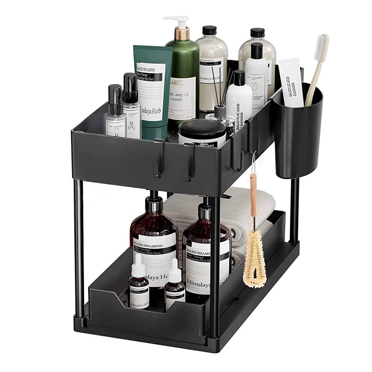 Goaxuzt Under Sink Organizer Storage with Sliding Drawer 2 Tier Cabinet Shelf for Bathroom Kitchen, Black