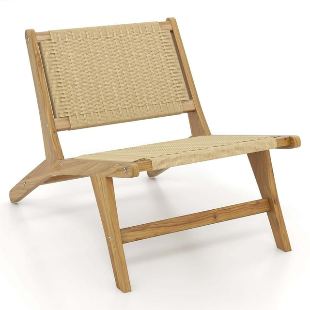 Costway Teak Wooden Chair with Braided Rope Seat & Backrest Mid Century Modern Accent Chair