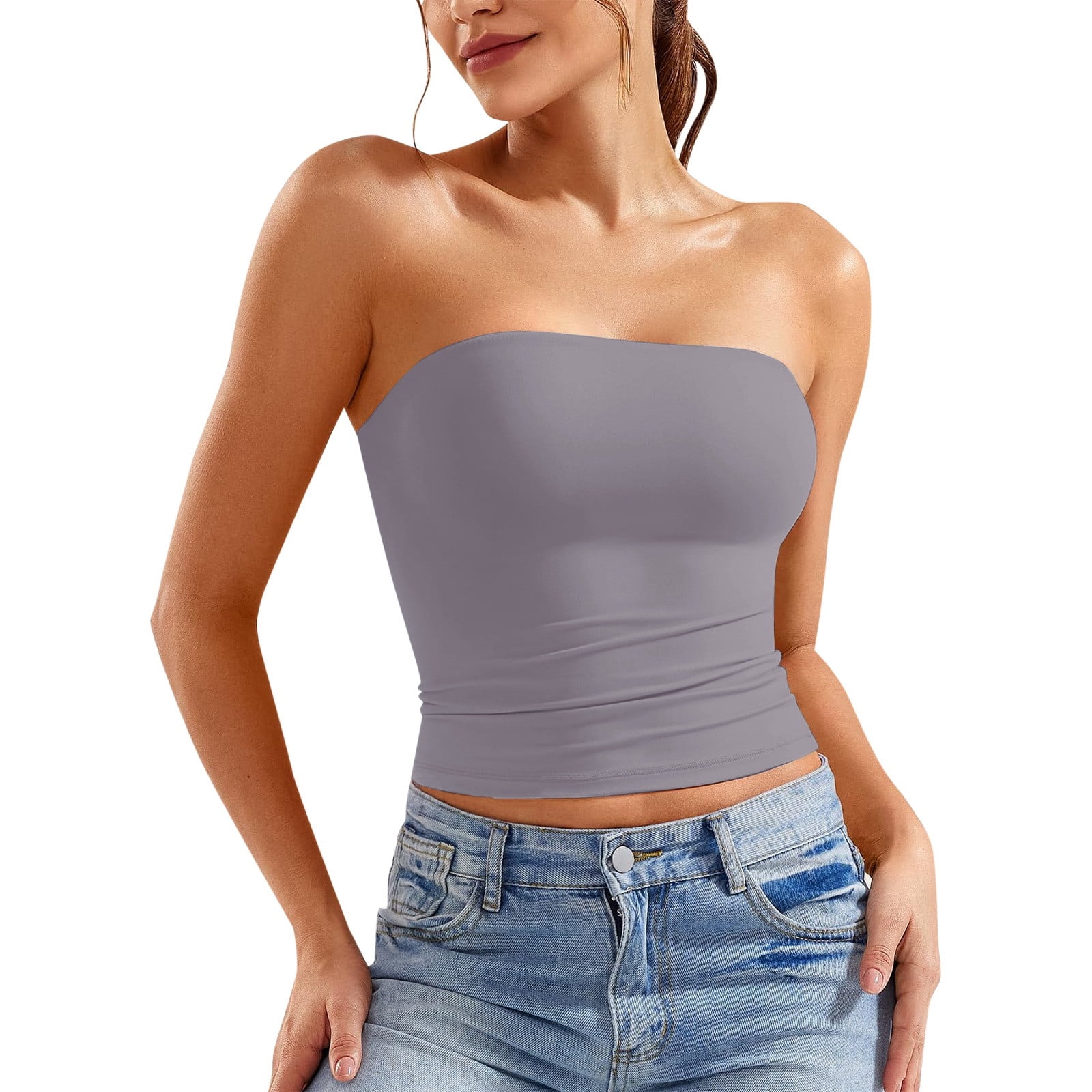 Womens Tube Top Trendy Summer Sexy Solid Color Crop Strapless
