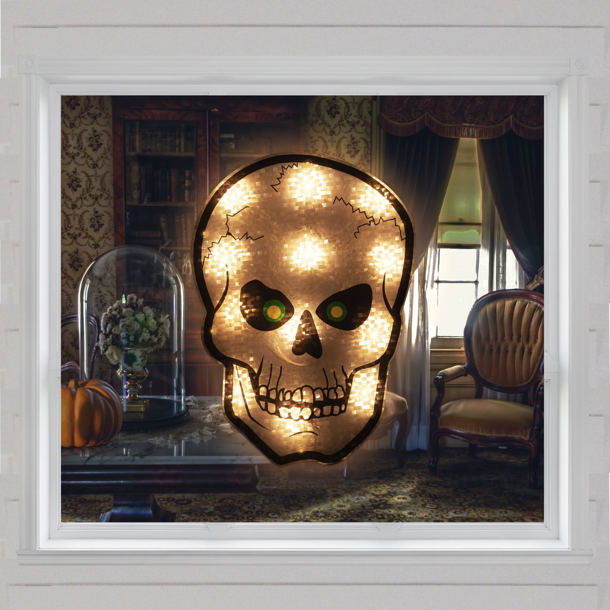 Northlight Lighted Holographic Halloween Skull Window Silhouette - 12" - Clear Lights