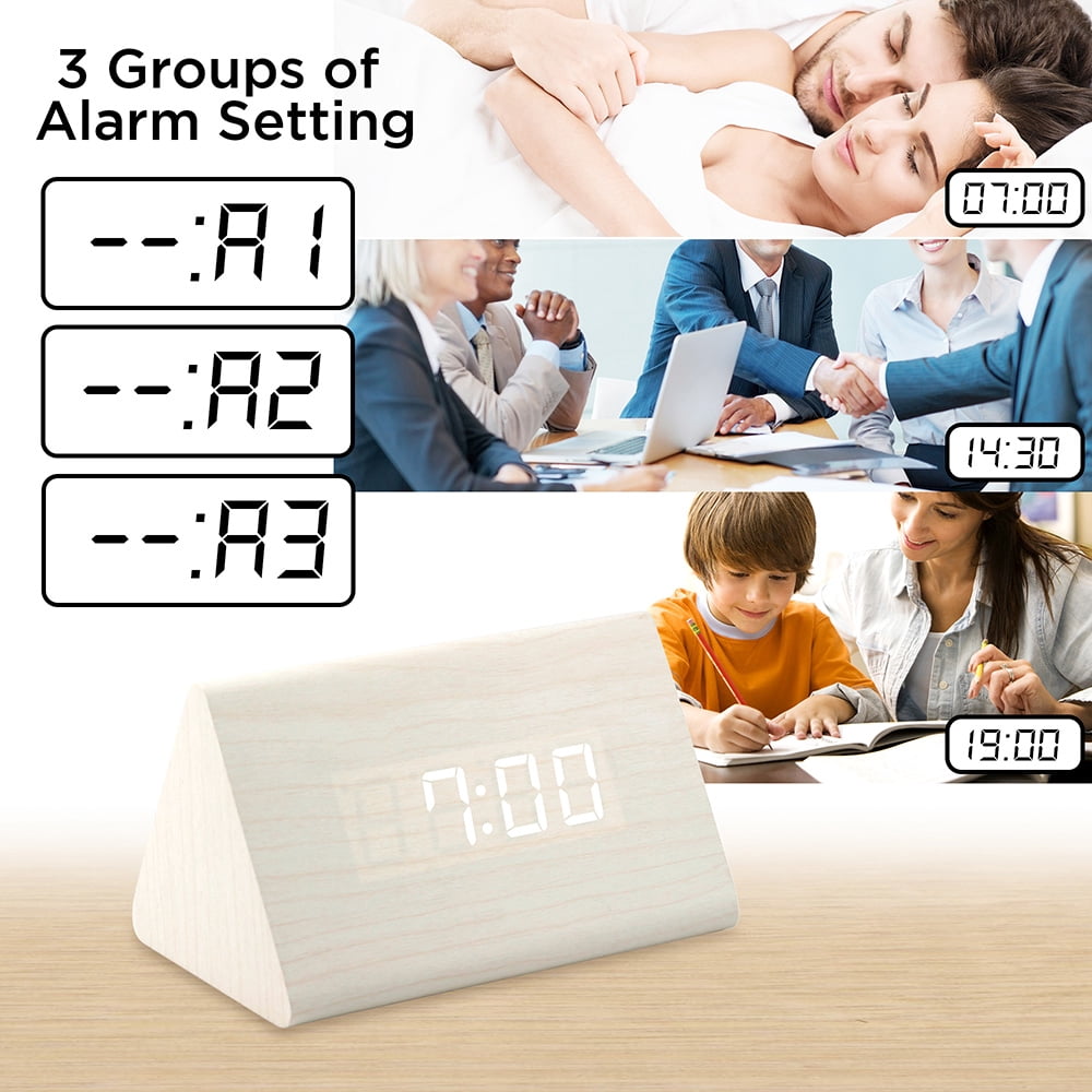 Wooden Wood Clock New LED Alarm Desk Clock Displays Time Date Temperature - White