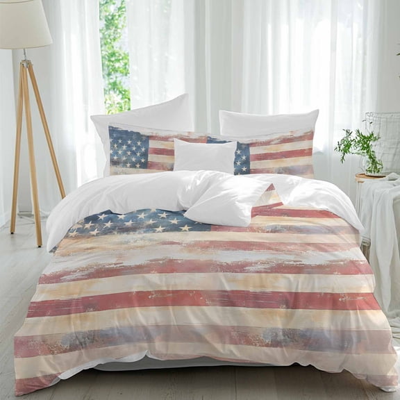 3 Piece American Flag Duvet Cover Set Twin Size, Microfiber Comforter/Quilt Cover with Corner Ties and 2 Pillowcases, Rustic Star Stripes USA Flag Retro All Season Soft Bedding with Zipper Closure