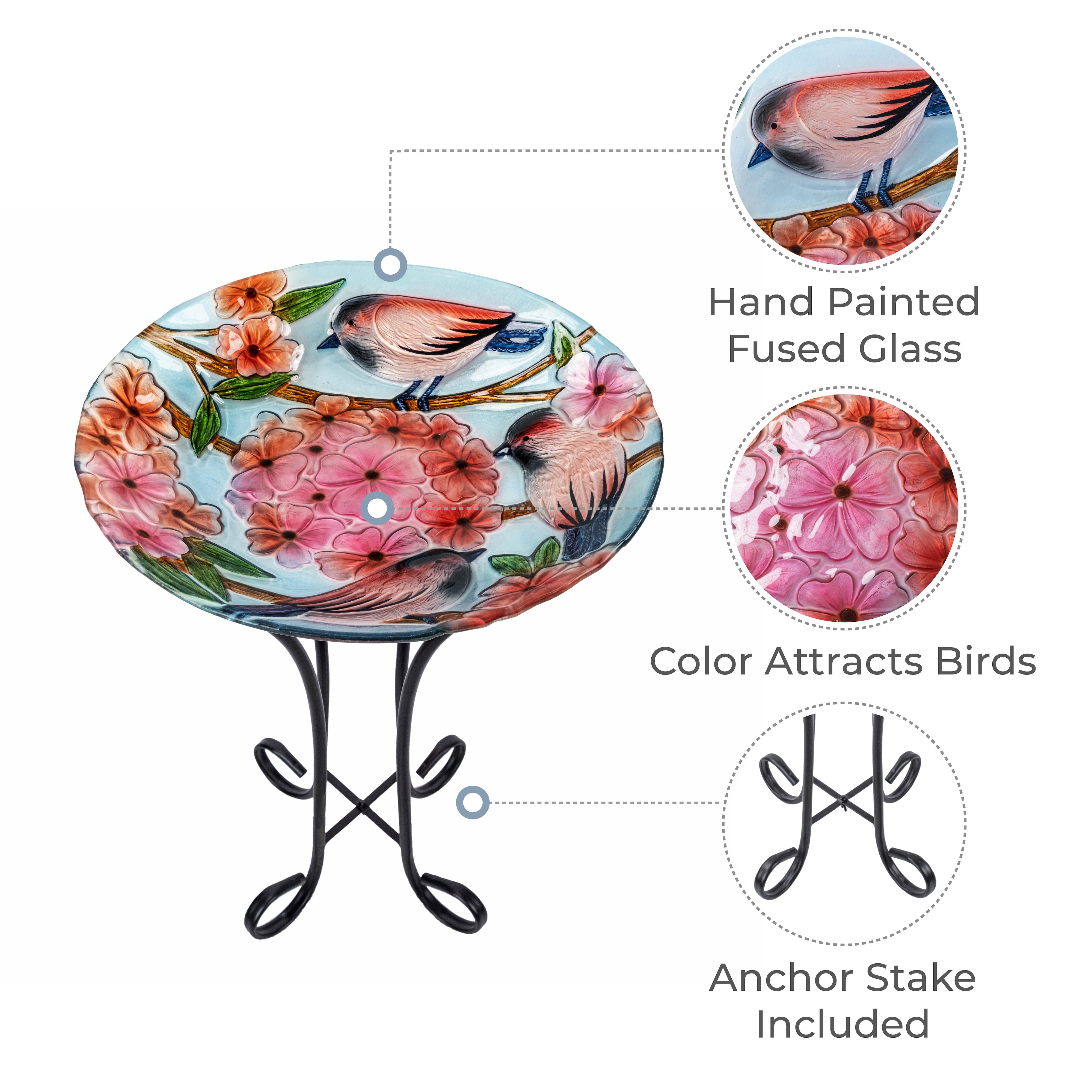 Teamson Home 17.8" Fusion Glass Bird Design Birdbath with Metal Stand, Multi
