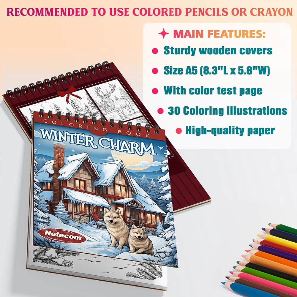 Netecom Winter Charm Coloring Book Spiral Bound For Adults, A5 Wooden Cover, 30 Scenic Coloring Pages in Frosty Landscapes of Nature's Beauty for Stress Relief and Relaxation