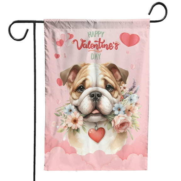 Happy Valentine's Day Bulldog holding flowers Garden Flag 12x18in Double Sided Dog Lover Gifts Idea Outdoor Decor - 3005