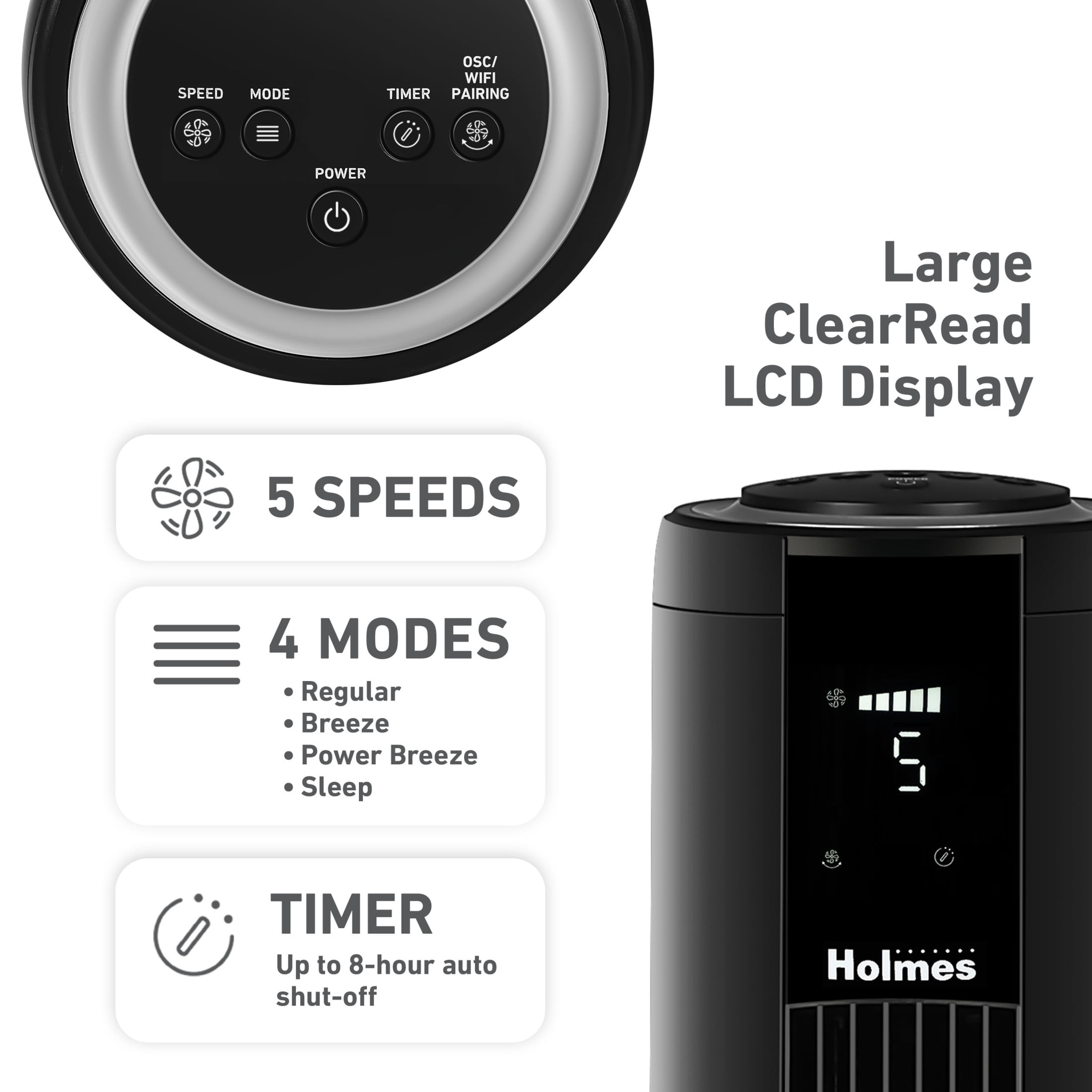 Holmes 42" SmartConnect Wi-Fi Digital Tower Fan with ClearRead Display 5 Speeds Remote Black