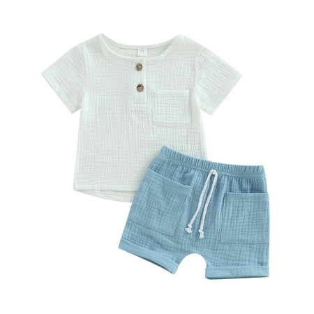 

Musuos 2Pcs Baby Boys Button Down Pocket T Shirts Top Drawstring Elastic Shorts