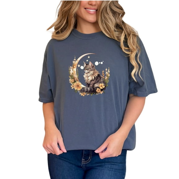 Cat Art T-Shirt, Floral Moon Cat Graphic Tee, Cute Cat Shirt, Nature Inspired Cat Print, Artistic Cat Lover Gift, Cat Themed Apparel, Denim Comfort Colors T-Shirt, Small