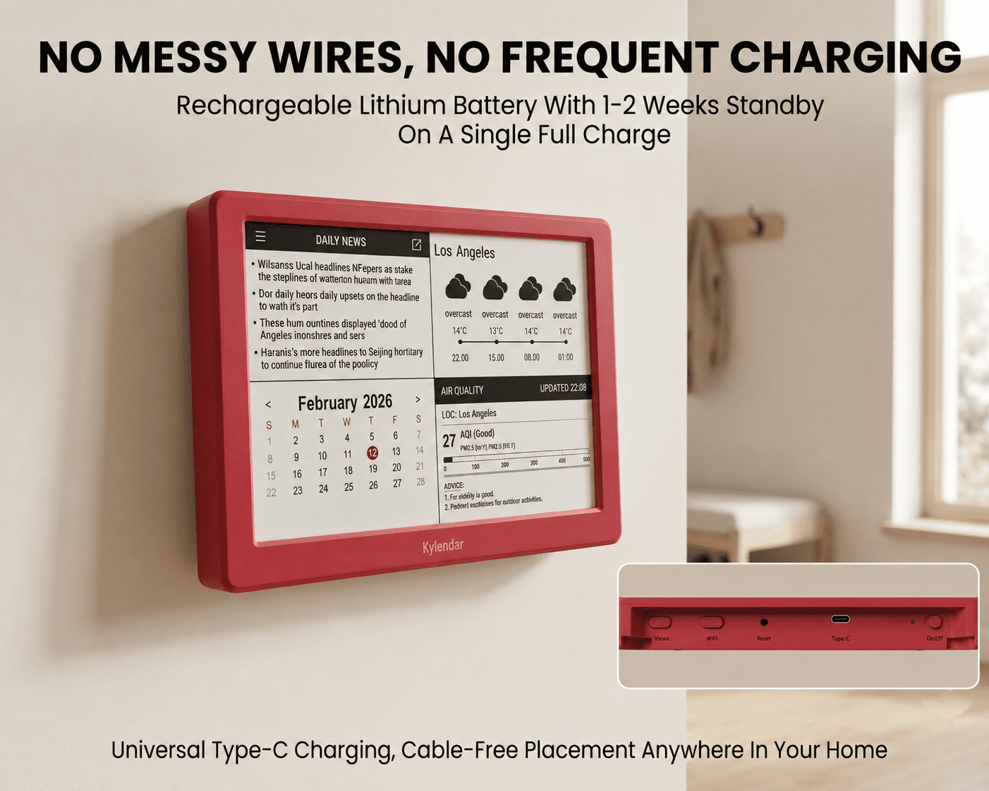 Kylendar V2 7.5" E-Ink Family Calendar, Smart Shared Schedule Display for Home Organization, Red