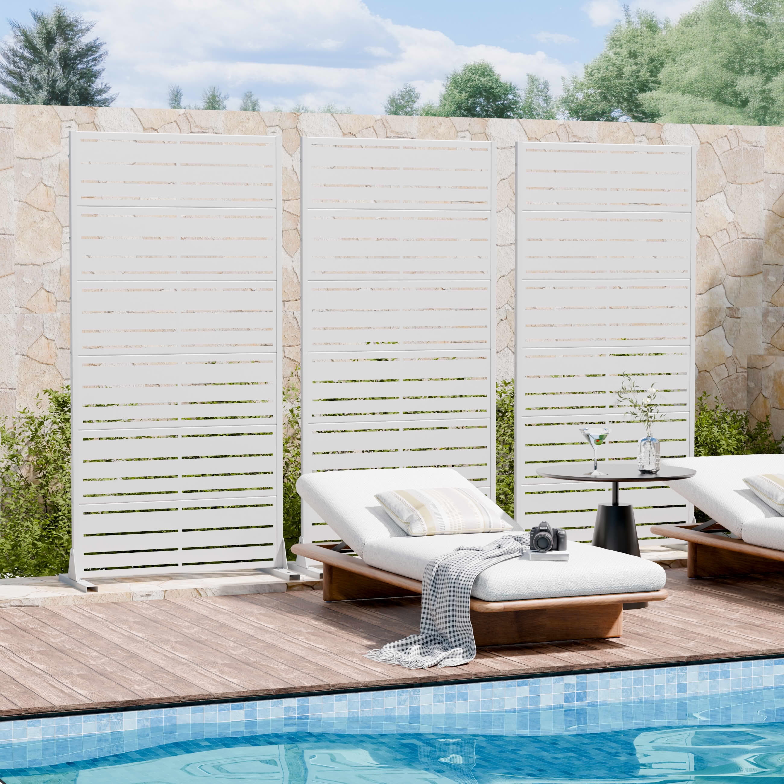 MAYEERTY Outdoor Metal Privacy Screen 6ft × 3ft White, 6-Panel Wide-Narrow Louvered Galvanized Iron, Weatherproof for Patio