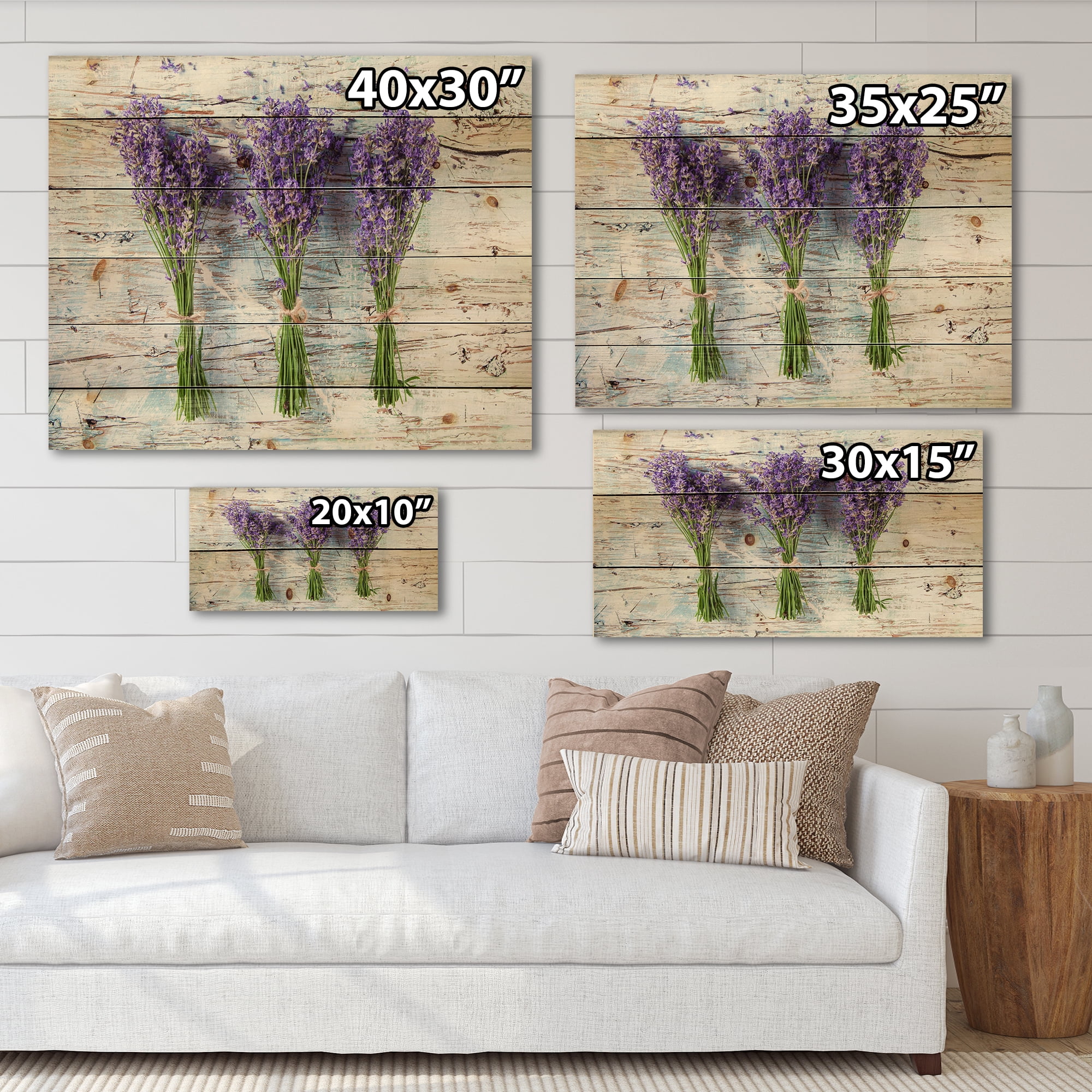 Designart 'Fresh Lavender Bouquets On Wood' Farmhouse Print on Natural Pine Wood