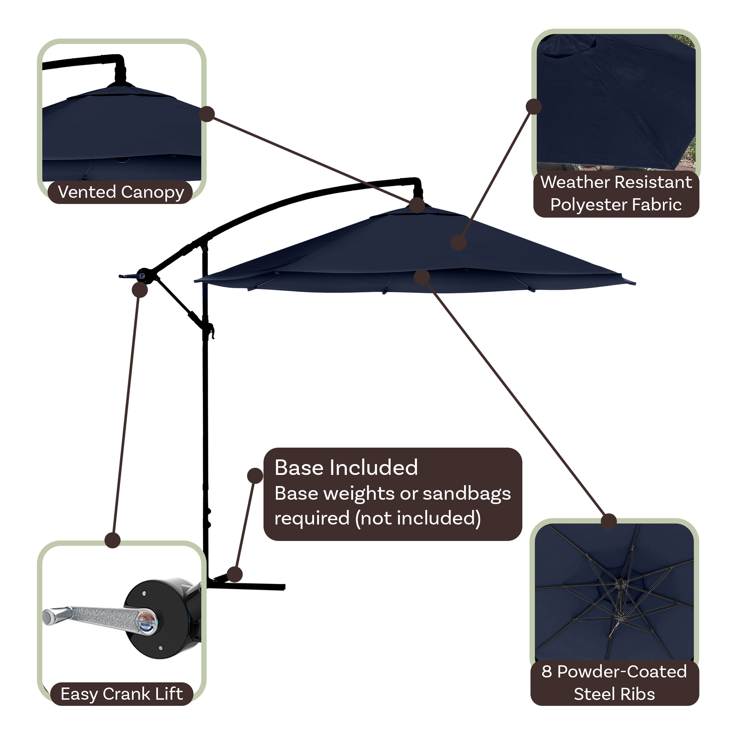 Pure Garden 10-Foot Offset Patio Umbrella with Crank and Base (Navy Blue)