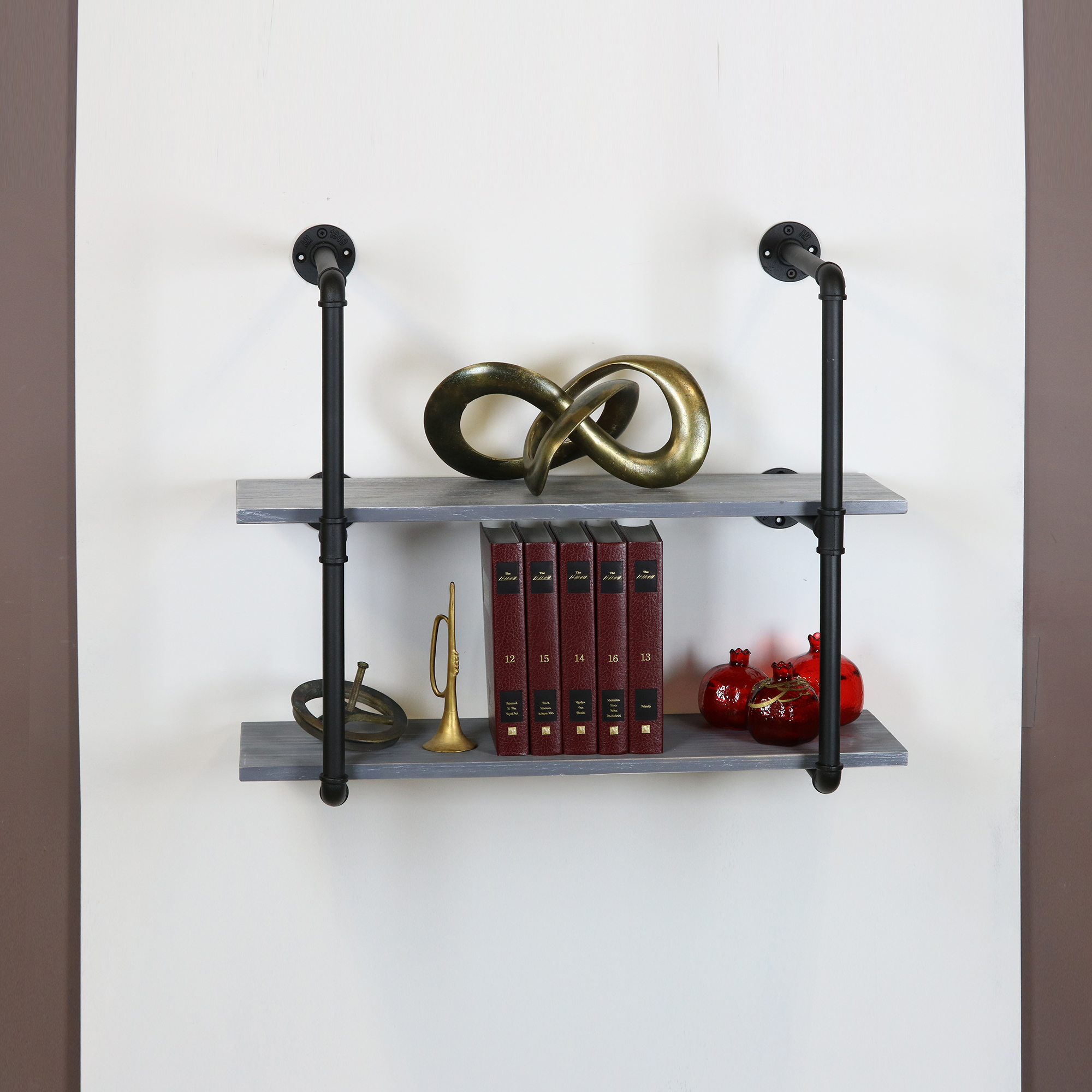 Warehouse of Tiffany Feduor Black Pipe 2-Level Weathered Gray Floating Wooden Bookshelves