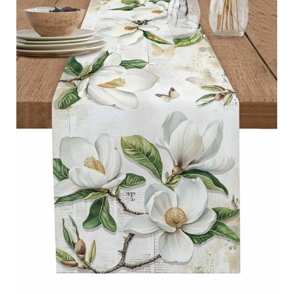 Country Flowers Table Runner Cotton Linen 48 Inch Holiday Dresser Scarves, Botanical White Floral Leaves Butterfly Tablerunner for Kitchen Coffee Dining Bedroom Dinner Scarf Décor 13''x48''