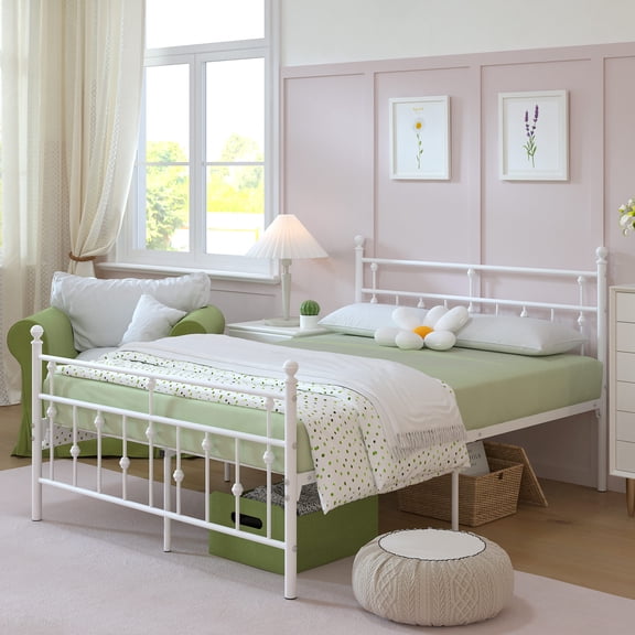 Yoneston Full Size Metal Platform Bed Frame with Retro Headboard, 14" High Under Bed Storage Bed Frame No Box Spring for Kids Adults - White
