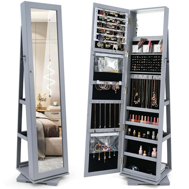 Costway Armoire à Bijoux Rotative à 360° 2-en-1 Verrouillable Gris Miroir