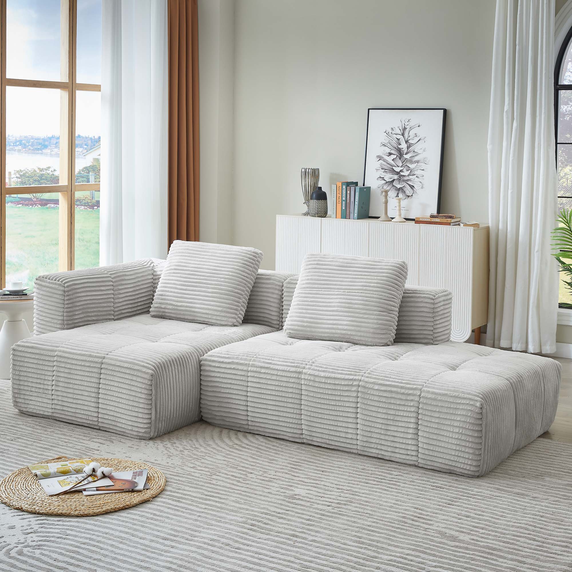 Miniyam 108 in 3 Seats L-Shape Modular Compressed Couch, Sectional Sofa with Chaise Lounge, Upholstered Oversized Tufted Couches for Living Room, Light Grey