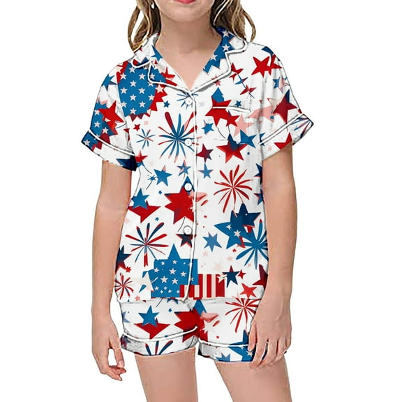 CAIVO Kids Outfit Sets Children Fashion Independence Day Print Button Down Lapel Short Sleeve Tops Shorts Home Set Soft Clothing Sets